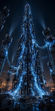 Futuristic illuminated skyscraper complex with glowing blue energy conduits, representing advanced urban connectivity and digital infrastructure, concept for smart city development, technology