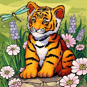 Ilustrasi seekor singa di taman bunga