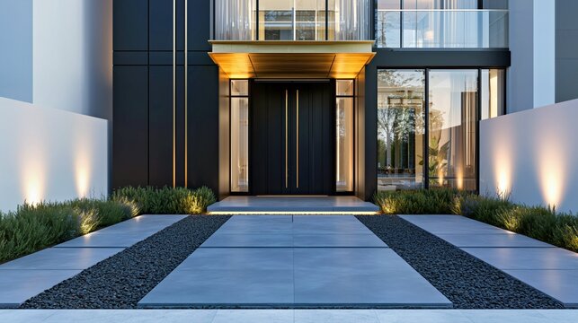 Luxury modern villa entrance with symmetrical stone driveway and warm uplighting, premium residential exterior for real estate branding and design.

