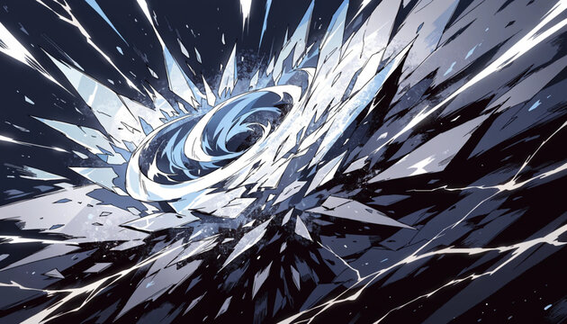 Abstract ice explosion with flying shards on black background