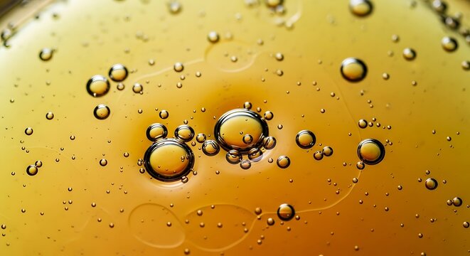Macro closeup photography of golden oil bubbles floating in liquid mixture