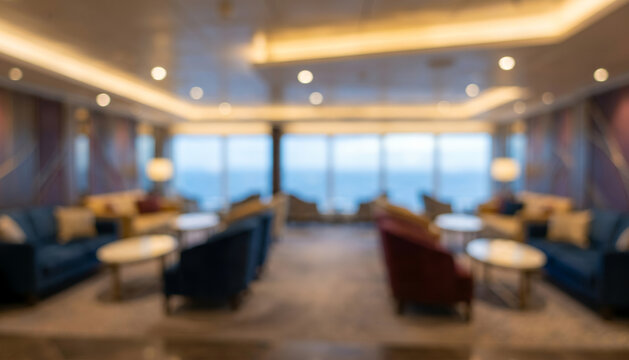 Expansive cruise ship upper deck interior fully blurred with panoramic glass structures, comfortable lounge areas and soft daylight for luxury travel tourism and vacation backgrounds