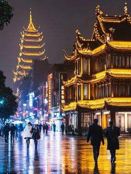 Glowing traditional Chinese architecture with pagoda and ornate buildings illuminated at night, bustling street scene with pedestrians