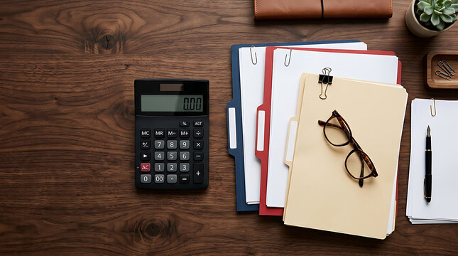 Office desk flat lay with calculator, folders, papers, and glasses on wood