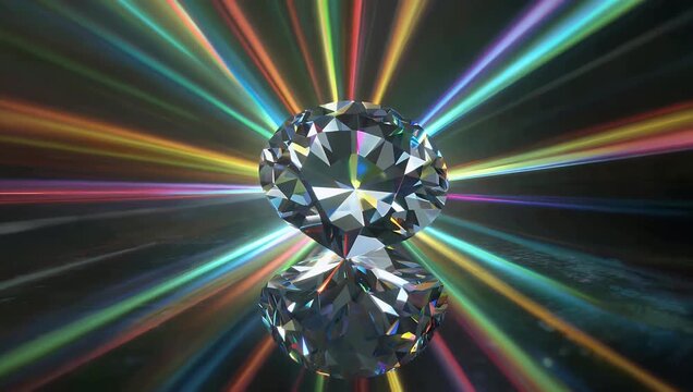 Premium 4K 3D animation of a flawless brilliant-cut diamond slowly rotating on a reflective dark surface casting vibrant colorful caustics and luxury light refractions for high-end jewelry branding