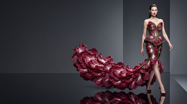 Red radicchio petal and rosemary train dress concept, tall model walking on mirrored runway in burgundy mermaid dress, clean homogeneous gradient background with copy space
