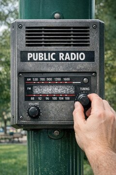 A hand presses a public radio button on a button panel or console