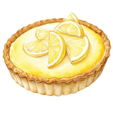 Detailed watercolor illustration of a fresh delicious whole lemon tart with lemon slices isolated