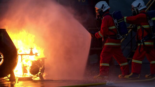Firefighters use a water hose to suppress an industrial fire during emergency response training in a wet outdoor facility