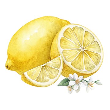 Detailed watercolor illustration of a fresh ripe yellow lemon composition with flowers isolated