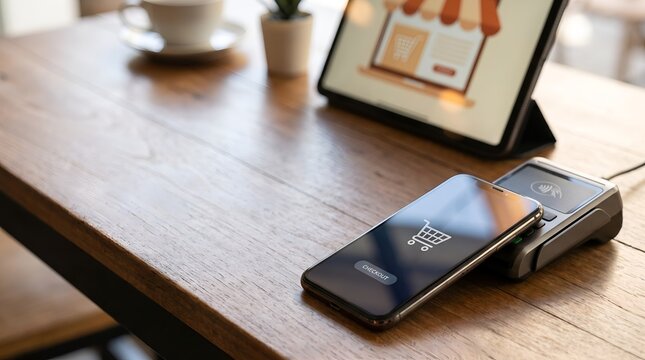 Close up of smartphone making contactless payment at store counter