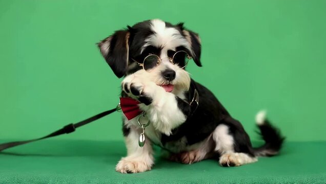 Adorable 4K portrait of a well-groomed Shih Tzu mix dog wearing clear reading glasses and a formal red bowtie against a solid green screen background for a humorous character look