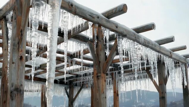 Crisp 4K winter scene featuring a row of sharp beautiful icicles hanging gracefully from the eave of a rustic wooden structure showcasing the delicate frozen architecture of cold weather
