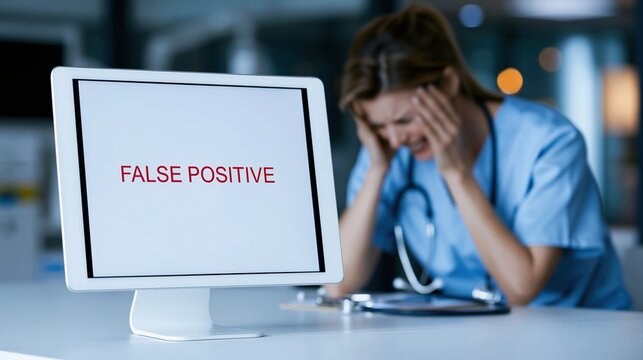 Doctor stressed by false positive test result on computer screen