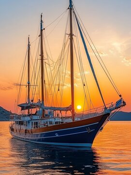 A majestic wooden sailing ship with tall masts anchored in calm waters during a vibrant orange sunset, reflecting the golden light on the sea surface