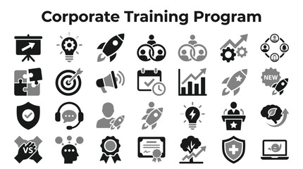 Fototapeta premium Set of corporate training program icons featuring business development leadership communication teamwork and professional growth symbols for educational design