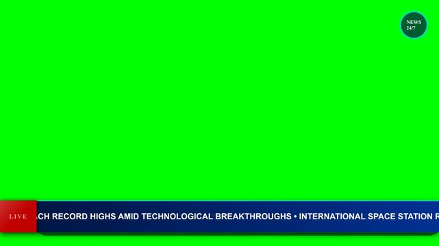 Breaking news lower third broadcast graphics overlay with scrolling ticker and live badge on green screen background, perfect for television journalism, media reports, and video editing.