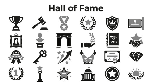 Set of flat monochrome icons representing awards and hall of fame achievements isolated on a white background