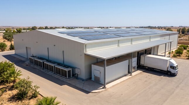 Cold storage warehouse with solar panels and cooling units in industrial setting