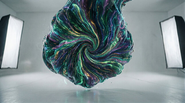 Bioluminescence vortex plasma high frequency trading algorithms swirling in a sterile white studio environment with copy space for financial concepts