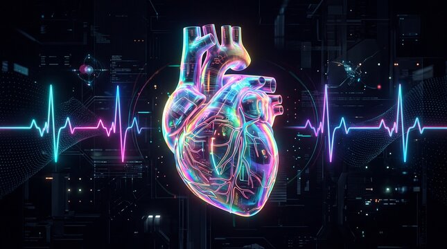 Surreal design of future human heart beat cyberpunk in dark background 24