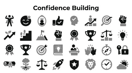Fototapeta premium Set of confidence building symbols and personal growth icons depicting success achievement and motivation concepts in flat monochrome style isolated