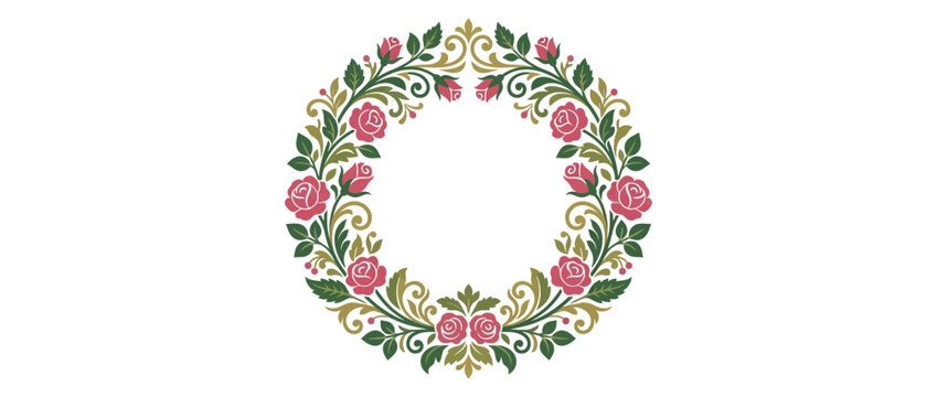 Floral Wreath with Pink Roses and Green Leaves, Isolated Transparent Background
