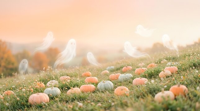 Ethereal Autumn Meadow Landscape with Floating Ghosts and Pastel Pumpkin Patch at Sunset