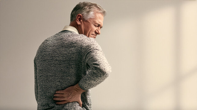 A healthcare portrait of a mature man standing sideways while gently supporting her lower back with one hand and closing her eyes in a realistic expression of discomfort. orthopedic healthcare conce