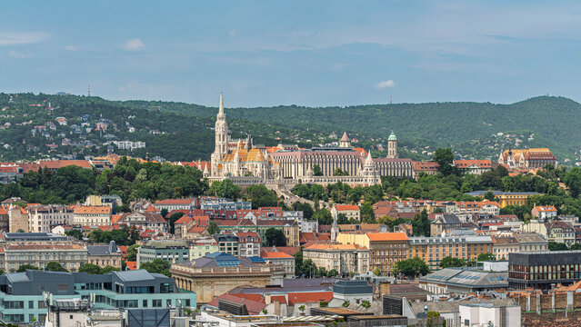 Matthias Church and Fisherman's Bastion seen across the city from the terrace of Saint Stephen's Basilica