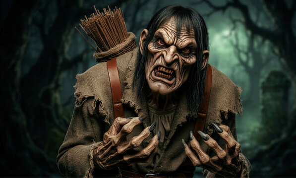 Creepy witch with long black hair and sharp claws in dark forest
