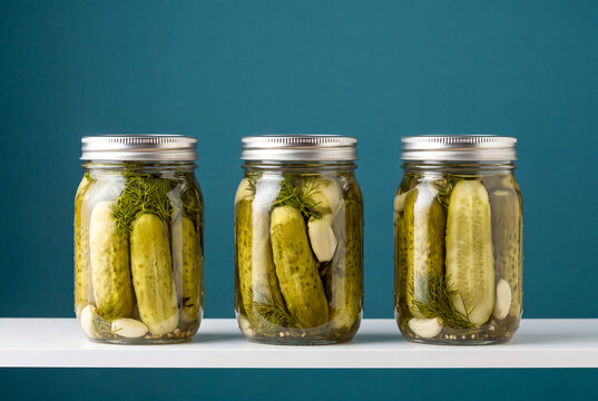 Pickle Jars with Dill and Garlic on Shelf