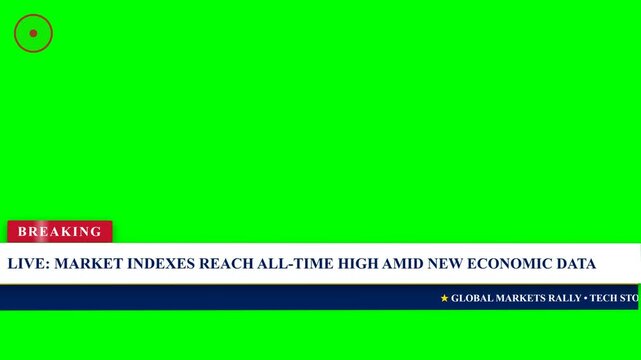 Breaking news lower third graphic template on green screen background with financial market headline and scrolling stock ticker bar overlay for live broadcast television and business journalism