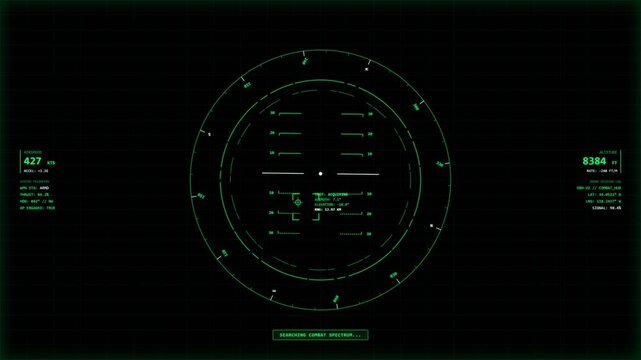 Futuristic military head up display HUD cockpit interface overlay with green digital targeting reticle, telemetry data, weapon lock on system, and altitude graphics in tactical sci fi style