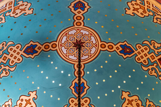 Star-painted blue ceiling detail inside Dohany Street Synagogue in the Erzsebetvaros district of Budapest, Hungary