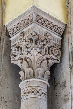 Carved stone column capital on the exterior of Dohany Street Synagogue in the Erzsebetvaros district of Budapest, Hungary