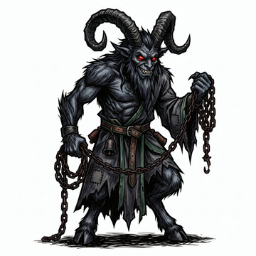 Dark Fantasy Krampus Demon with Curved Ram Horns Glowing Red Eyes and Heavy Chains Isolated on White Background