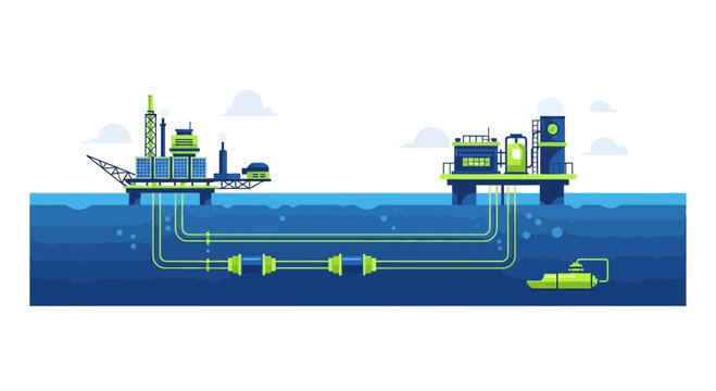 Offshore Energy Platforms and Subsea Pipelines Flat Vector Illustration