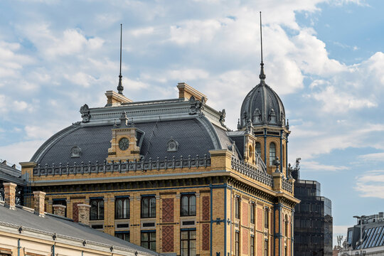 Historic upper pavilion with clock, slate roof and domed tower at Nyugati Railway Station in Budapest, Hungary