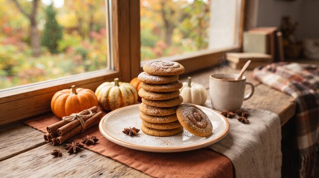 Cozy autumn scene with a stack of spiced cookies, cinnamon sticks, pumpkins, and a steaming mug on a wooden windowsill overlooking fall foliage.