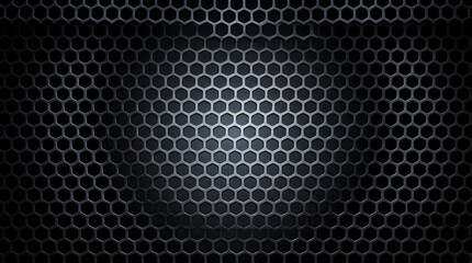 Naklejka premium Dark metallic honeycomb grid background with hexagonal steel mesh texture, central spotlight illumination, carbon fiber feel, and dark vignette borders for gaming, technology design