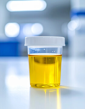 Medical specimen cup with yellow fluid sample, pristine sterile environment, subtle clinical labeling, clean white laboratory surface, blurred background, professional medical testing and diagnosis