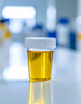 Medical specimen cup with yellow fluid sample, pristine sterile environment, subtle clinical labeling, clean white laboratory surface, blurred background, professional medical testing and diagnosis