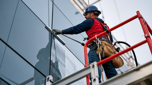 A window cleaner on a high rise platform against a sterile overcast backdrop is captured alone mid-task, squeegee moving through a defined pipeline of overlapping clean panels in sequence, each stag