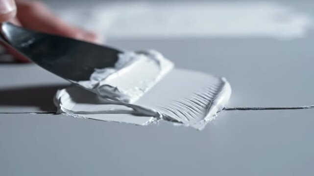 Professional Home Repair Close-up of a Metal Spatula Spreading Thick White Putty on a Grey Surface ideal for DIY Renovation and Construction Projects.