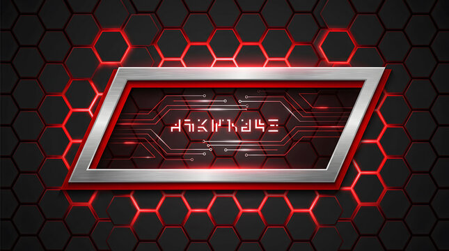 Futuristic sci-fi tech banner layout with metallic silver frame glowing red circuit lines and abstract dark metallic hexagon honeycomb grid background for gaming cyber HUD interface