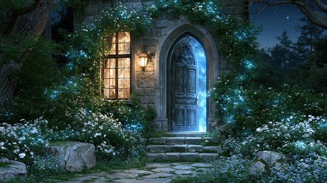 Enchanted stone doorway in a magical forest at night, illuminated by fairy lights and moonlight.
