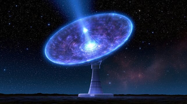 Futuristic alien radio telescope dish in a starry nebula, receiving cosmic signals
