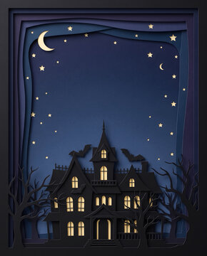 Layered paper haunted mansion beneath a starry sky with spacious copy space.
