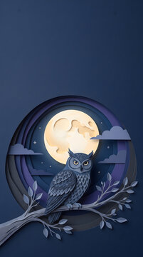 Layered paper owl beneath a full moon with elegant Halloween copy space.
